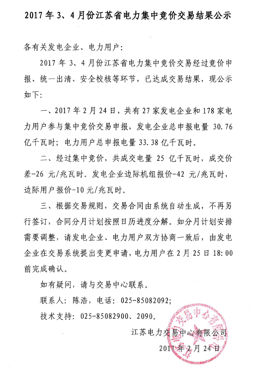 2017年3、4月份江蘇省電力集中競價交易結果公示