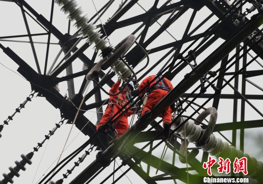 圖為電力工人在70多米高空作業(yè)，為特高壓復(fù)奉線重慶段進(jìn)行八年來(lái)首次大修?！≈芤?攝
