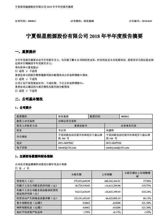 寧夏銀星能源2018年半年度報(bào)告：上半年凈利增長(zhǎng)逾4倍