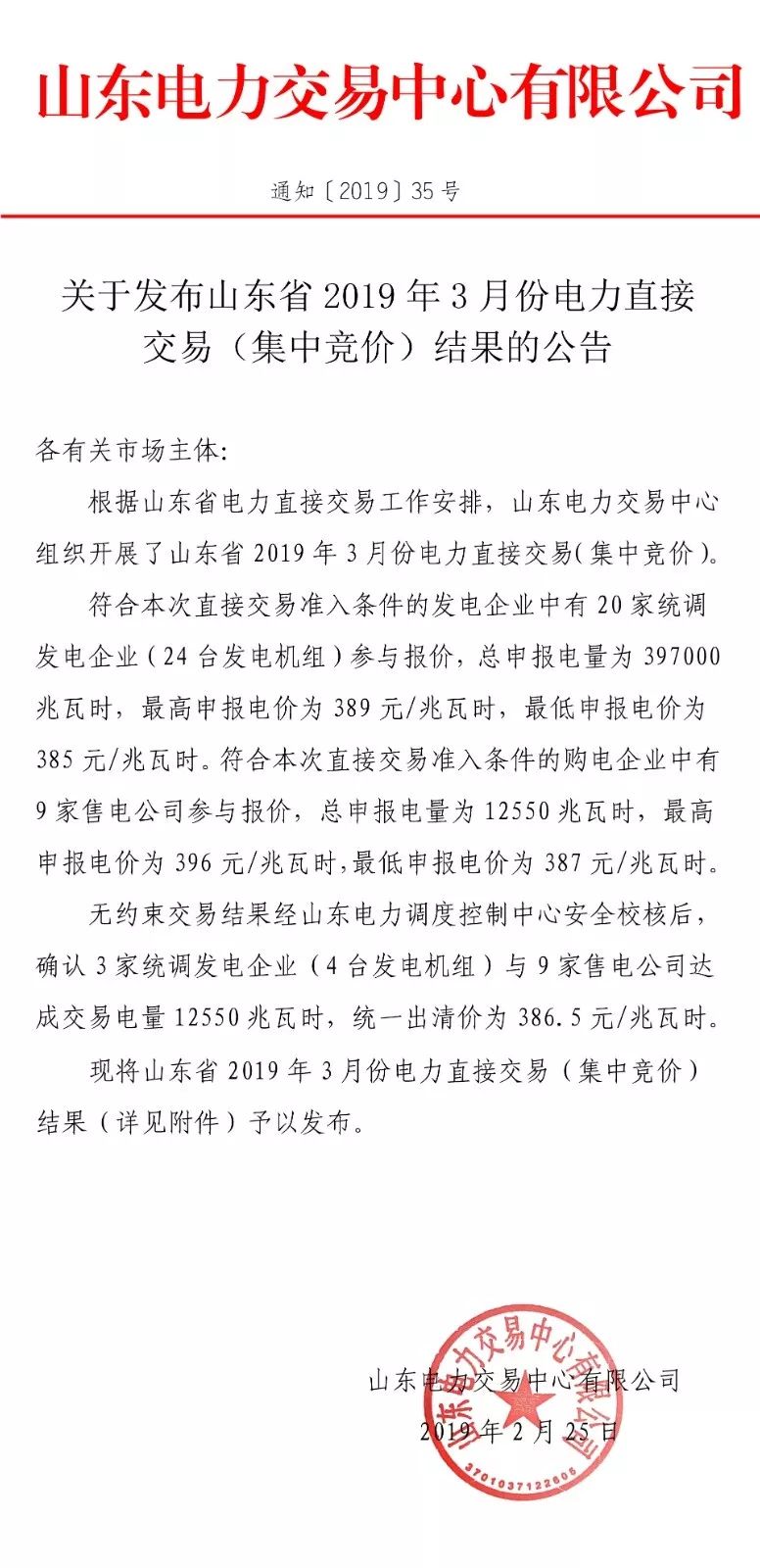山東省2019年3月份電力直接交易（集中競價）結(jié)果：統(tǒng)一出清價386.5元/兆瓦時